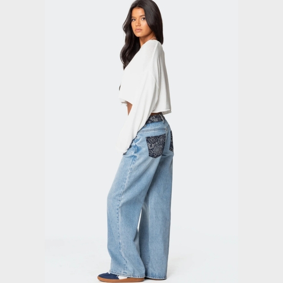 Edikted Light Blue Flare Jeans with Dark Patterned Pockets - Picture 3 of 6